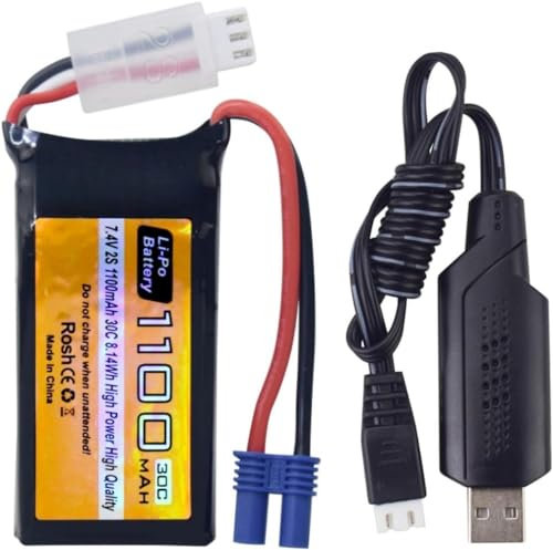Batterie Lipo 7,4 V 1100 mAh 2S avec prise EC2 et câble de charge USB adaptée pour UTB18 4 roues motrices tout-terrain haute performance véhicule d'escalade RC véhicule batterie