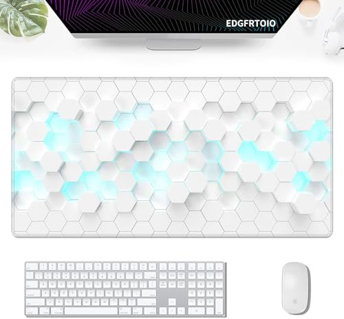 EDGFRTOIO Gaming-Mauspad, Tastatur-Mauspad, 80 x 39,9 cm, XXL, große Computer-Laptop-Tischunterlage mit rutschfester Gummiunterseite und genähtem Rand, für Heimbüroarbeit, abstraktes Weiß, 3D-Hexagon