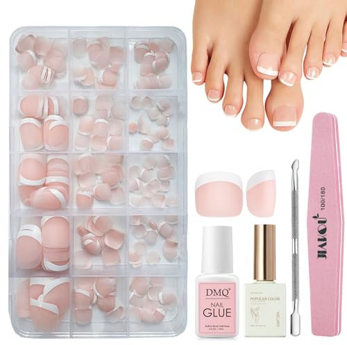 DMQ French False Toenails Short Set, 240Pcs Square Press on Toenails, French Tip Nude Color Fake Toe Nails, Full Cover Stick on Nails with Glue for Women Girls Nail Art Manicure