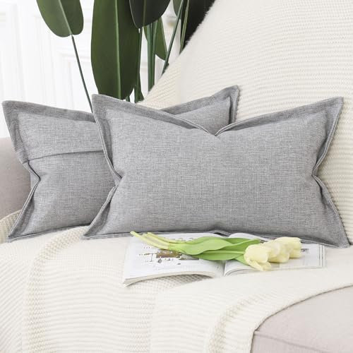 Madizz 2er Set Polyester Leinen Kissenbezügen mit breiter Kante Weiche dekorative Kissenbezüge für Sofa Schlafzimmer Kissenhülle Hellgrau 40x60 cm Rechteckig
