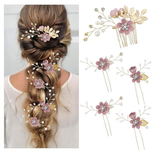 Lot de 5 épingles à cheveux en forme de fleur de mariage, perles de cristal, accessoires de cheveux dorés et roses avec strass pour mariée, demoiselles d'honneur, femmes et filles, cadeau chignon