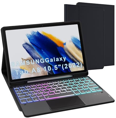 VANKEYPAD Custodia Tastiera per Samsung Galaxy Tab A8 10.5'', Bluetooth, AZERTY, Retroilluminata 3 Zone 7 Colori, Touchpad