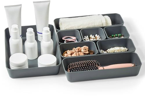 ISSEVE 8-teiliges Schubladen-Organizer-Set aus Silikon, Grau, Neutral, Schubladen-Organizer, Caddy, Badezimmer, Küche, Büro, Multifunktional, Silikon, Rutschfest, Kratzfest, Stapelbar, Langlebig