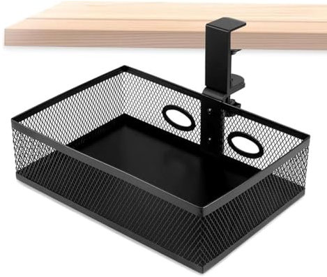 Cobenga Mesh Desk Organiser, 360° Clip-on Swivel Under Desk Drawer Organiser, Rotating Hidden Tidy Organiser, Large Capacity Under-Table Storage for Office Home Table Tidy