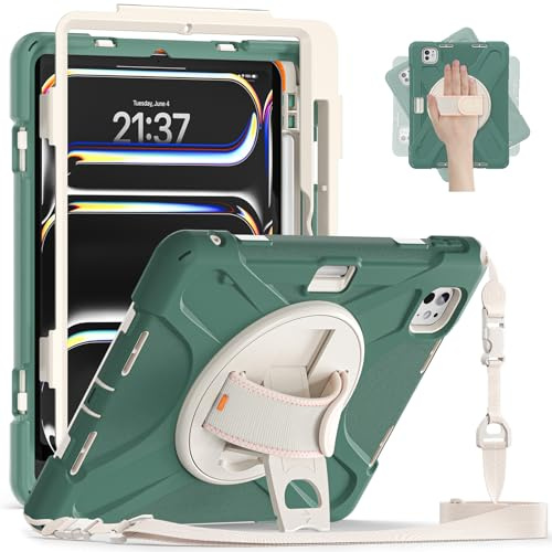 UFinetech Stoßfeste für iPad Pro 11 Zoll Hülle 2024 – Robustes Schutzhülle mit 360° drehbarem Handriemen, Ständer, Stifthalter und abnehmbarem Schultergurt – Perfekt für iPad Pro 11 (M4), Smaragdgrün
