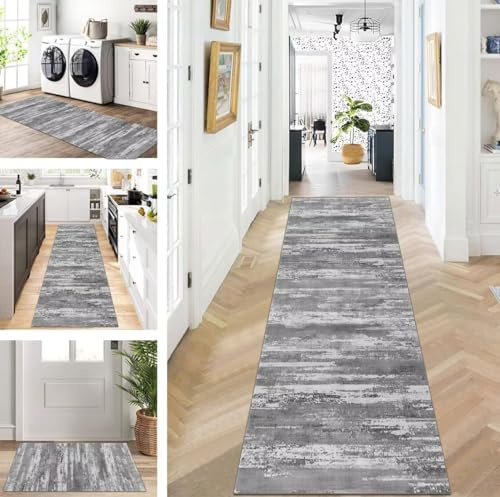 ZUZEKU Läufer Flur Küche Waschbar rutschfest 50X140cm Grau Lang Küchenteppich Flurteppich Teppich Fur Korridor Wohnzimmer Schlafzimmer Meterware Anpassbar