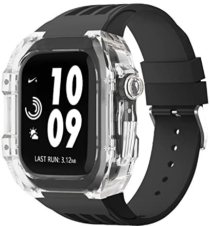 FZXCG Estuche de modificación de reloj transparente de lujo, para Apple Watch de 44 mm, 45 mm, kit de modificación de bricolaje + correa de goma, para Apple Watch Band 45/44 mm SE 8 7 6 5 4 SE, For