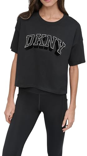 DKNY Women's Flocked Rhinestone Varsity Logo Crop Tee T-Shirt, Black/Black, XS