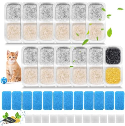 12 Cat Fountain Filters for Oneisall 2L Cat Fountain Stainless Steel PWF-001, Contains 12 Cat Water Filter & 12 Pre-Filtered Sponges & 12 Sponges for Pump
