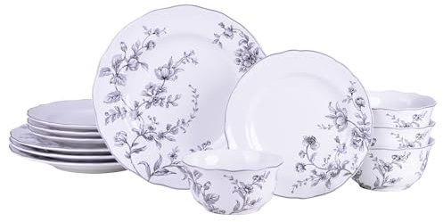 222 Fifth Bellamy Geschirrset aus Porzellan, 12-teilig, Teller und Schüsseln, Weiß & Schwarz, Glänzende Keramik Geschirrset mit zartem Blumendesign, Elegantes Küchengeschirr, Mikrowellen