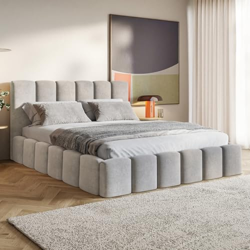 MOTIVENA Nunu Bubble Bett 200x200 Grau Samt, mit Stauraum, mit Kopfteil, mit Lattenrost, ohne Füße, ohne Matratze, Bubble Polsterbett 200x200 mit Bettkasten Grau (Hellgrau)