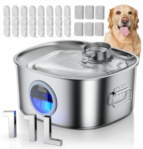 Fontana d'acqua per cani in acciaio inox, 11 l, fontana per cani di taglia grande all'interno, dispenser automatico con finestra visibile e LED, ultra silenziosa (con 8 filtri)