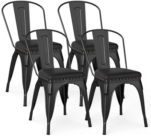 TANGZON Stackable Dining Chairs Set of 4, Metal Tolix Chairs with PU Leather Padded Seat & Removable Slat Backrest, Industrial Bistro Side Seating for Kitchen Dining Room Restaurant (Black)