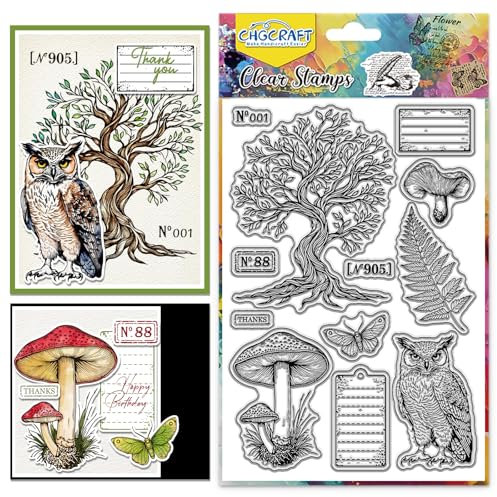 CHGCRAFT Tags Baum Eule Muster Clear Stempel Pilze Transparentes Prägestempel Silikon Stempel Siegel für DIY Scrapbooking und Kartenherstellung Papier Handwerk Dekor 6,3 × 4,3 Zoll