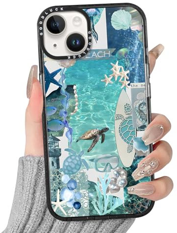 Yoedge Transparent Handyhülle für iPhone 14/iPhone 13 Hülle, Aesthetic Blumen Collage Muster Flower Design Mädchen Geschenk Schutzhülle, Silikon Bumper Case für iPhone13 6,1,Ozeanblaue Schildkröte