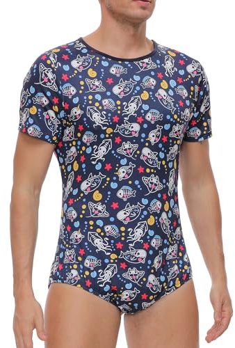 Somniumnight Adult Onesie Pyjamas for Mens: Snap Crotch One Piece Shark Blue Bodysuit - Short Sleeve Cute Romper Underwear