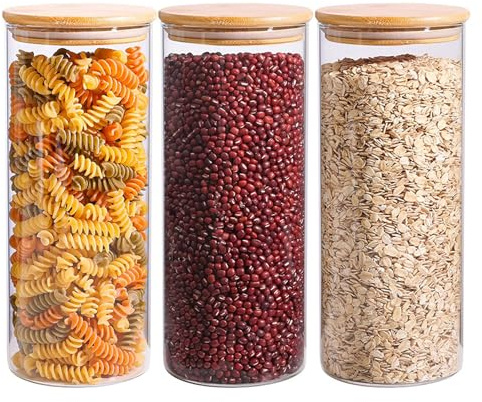 simpa Round Glass Storage Jar with Airtight Bamboo Lids, Set of 3, 2200ml Multipurpose Kitchen Pantry Food Storage Containers.