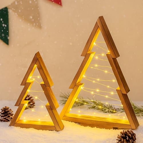 FUFRE 2 Stück Weihnachtsdeko Holz Mit LED, Weihnachtsbaum Holz, Weihnachtsdeko Innen Aesthetic, Modern Weihnachtsbeleuchtung Für Tischdeko Weihnachten Deko (B)