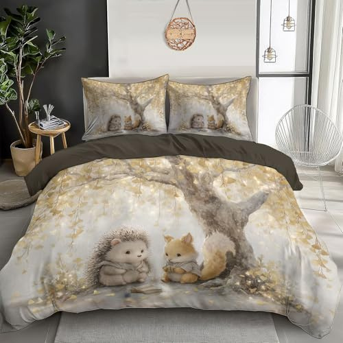 KETAFOUND 3D Der Kleine Igel Und Das Eichhörnchen Bettbezug Bettwäsche Set - Erwachsene Kinder Aquarell-Tiermuster Bettwäsche-Set, Weiche Bettbezug Mit Reißverschluss Und Kissenbezüge (200 X 200 cm)