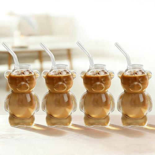 GUIJZSLTRG 4Pcs Cute Bear Glass Cup, 320ml/10.82oz Milk Coffee Bear Mug with Straw, Funny Bears Animals Shaped Glasses Tumblers for Drinks, Cocktails, Wine, Kitchen, Restaurant or Party Use(4pcs)