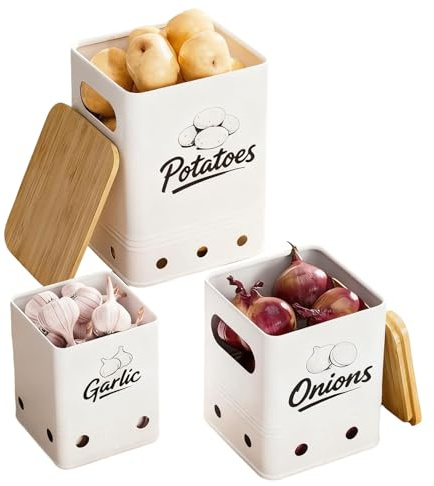 3Pz Caja Guardar Patatas con Tapa Bambú y Orificios Ventilación, Almacenamiento Cebollas Cocina, Organizador Ajos Apilable, Contenedores Alimentos, Botes Almacenaje Metal, Recipientes Verduras(Blanco)