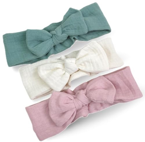 PinkZebra 3er Set GOTS-Musselin-Stirnband mit Schleife für Babys und Kinder (L.Max: 76 cm, B: 4 cm), Haarband zum Selbstbinden, Knotenband, Zubehör, Pink/Creme/Smaragd