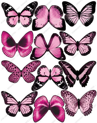 Lot de 12 décorations comestibles prédécoupées pour gâteau - Papillons roses - Papier gaufrette de qualité supérieure - Cakeshop X PRE-CUT