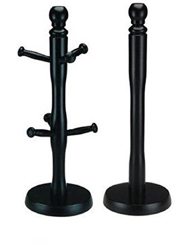 Kitchen Wooden 6 Cup Mugtree and Paper Towel Roll Holder Stand Rack Apollo - New (Towel Holder & Mugtree, Black)