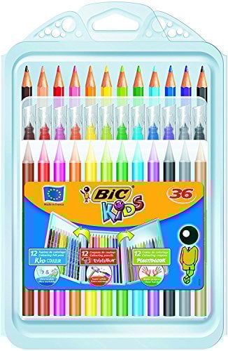 BIC Kids Stifte Set: 12 Buntstifte, 12 Filzstifte ab 5 Jahren und 12 Malkreiden ab 30 Monaten, Ideal für die Schule, in aufklappbarem Etui