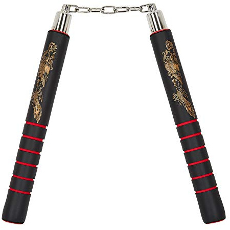 Playwell Espuma Goma Seguridad Entrenamiento Nunchakus con Cadena - Negro con/Rojo Empuñaduras