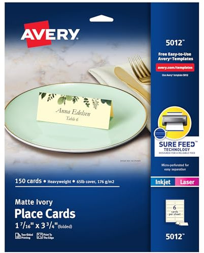 Avery Bedruckbare Tischkarten mit Sure Feed-Technologie, 4,8 x 9,5 cm, strukturiertes Elfenbein, 150 leere Zeltkarten für Laser- oder Tintenstrahldrucker (5012)