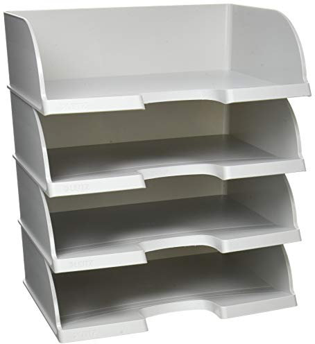 Leitz Briefkorb Querformat A4, 4er Pack, Briefablage mit extra großem Fassungsvermögen in Premium-Qualität, Stapelbare Ablagefächer als Organizer, Kombinierbar mit Plus-Serie, Grau, 52190085