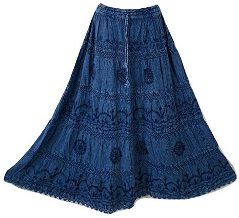 Doorwaytofashion Cotton and Lace Embroidered Peasant Gypsy Boho Casual Festival Summer Skirt UK One Size 10 12 14 16 18 20 (Denim Blue)