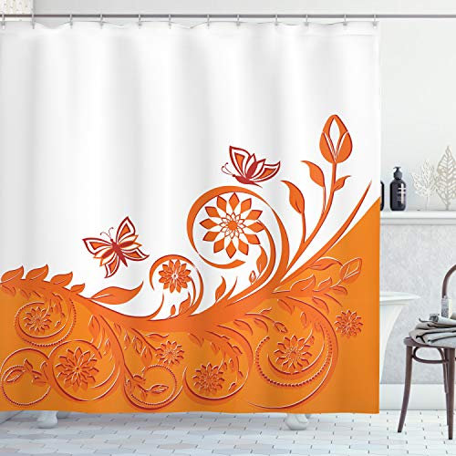 ABAKUHAUS Floral Duschvorhang, Rose Zweig, Stoffliches Gewebe Badezimmerdekorationsset mit Haken, 175 x 180 cm, Orange Weiß