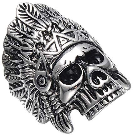 PAURO Herren Biker Ring Edelstahl Retro Punk Rock Totenkopf Feder Indianer Häuptling Silber Größe 65 (20.7)
