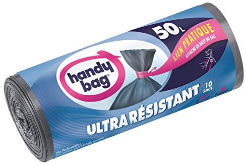 Handy Bag 1 Rouleau de 10 Sacs Poubelle 50 L, Lien Pratique, Ultra Résistant, Anti-Fuites, 68 x 80 cm, Gris Foncé, Opaque 6761528