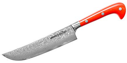 SAMURA Profi Damast Chefmesser, ultra scharf, 16,5 cm Klinge aus japanisch AUS 8 Edelstahl, ergonomischer G10 Carbon Handgriff, rostfrei, Damastmesser, damaszener (Rot)
