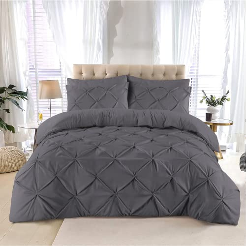 K&A® Pintuck Pinch Pleat King Size Duvet Cover Sets with Zipper Closure including Pillowcase – Ultrasoft Brushed Microfiber – Easy Care & Machine Washable (Grey - 220x230)