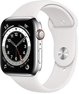 Apple Watch Series 6 GPS + Cellular, 44mm Silver Stainless Steel Case with White Sport Band - Regular