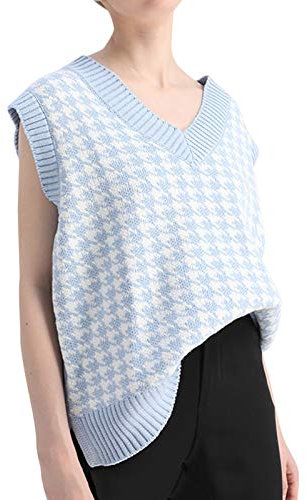 Minetom Damen Weste Strick Pullover V-Ausschnitt Strickweste Plaid Vest mit Strick Feinstrick für Business Büro Freizeit C Blau 36