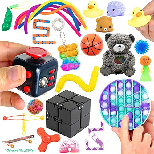 Sensory Fidget Toys Pack - 27 Piece Box Fiddle Toys Set - Stress, Anxiety Relief, Autism, ADHD, OCD, Special Needs & Child Development Box Set - Mochi, Stress Ball, Push Pop it Fidget Toys