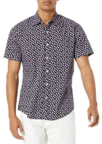 Amazon Essentials Chemise Imprimée à Manches Courtes Coupe Régulière Homme, Bleu Marine/Rose Coquillages, L