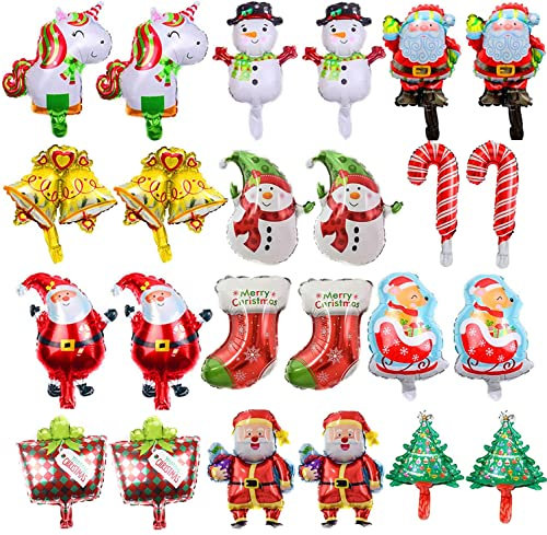 Lostwry Globos de Navidad - 24 Piezas de Aluminio para Decoración, Santa Claus, Árbol, Muleta, Reno - Papel de Aluminio para Cumpleaños y Bodas