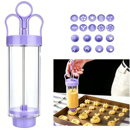 Vastsea Plätzchenpresse Garnierspritze, Röhrenkuchen-Blumenpresse, 10 Arten Blumenmusterdekoration, Tortenspritze mit transparentem Behälter, Aplicar para für die Herstellung von Keksen(Violett)