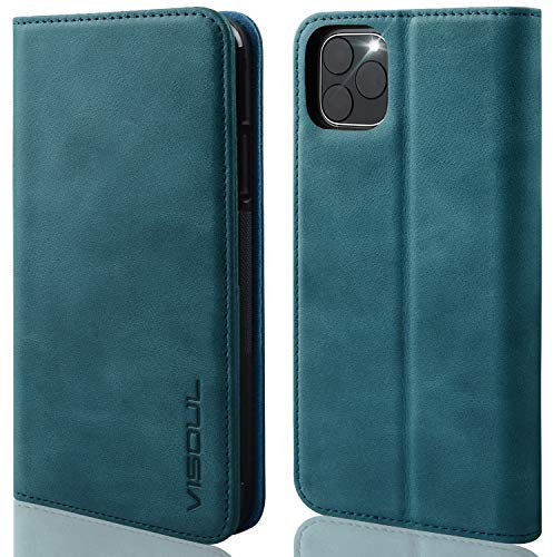 VISOUL iPhone 11 Pro Hülle, Stoßfeste Handyhülle [100% Rindsleder] [RFID Blocker] [Auto Sleep/Wake], TPU Schutzhülle [Kartenfach] [Magnet] [Stand] Lederhülle Kompatibel für iPhone 11 Pro 5,8 Blau
