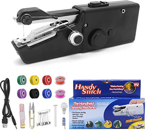 Bemodst Handheld Mini Sewing Machine - Portable Cordless Electric Tool with USB Port and Accessories for Quick Fixes on Clothing, Curtains, Leather - Black
