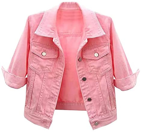 Hebezn Giacca di jeans a maniche corte da donna Giacca di jeans corta con risvolto casual Capispalla casual a coste (Color : Pink, Size : M)