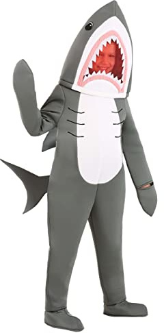 Fun Costumes Kid's Shark Costume | Fish Mascot Jumpsuit with Tail, Fin, Shoe Covers, and Mesh Mouth for Halloween, Cosplay Gray, Medium