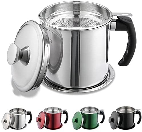 Kyraton Bacon Grease Container with Strainer, 1.4L Stainless Steel Oil Container, Pot Fat Storage with Lid, Easy Grip Handle Suitable for Storing Frying Oil and Cooking Grease