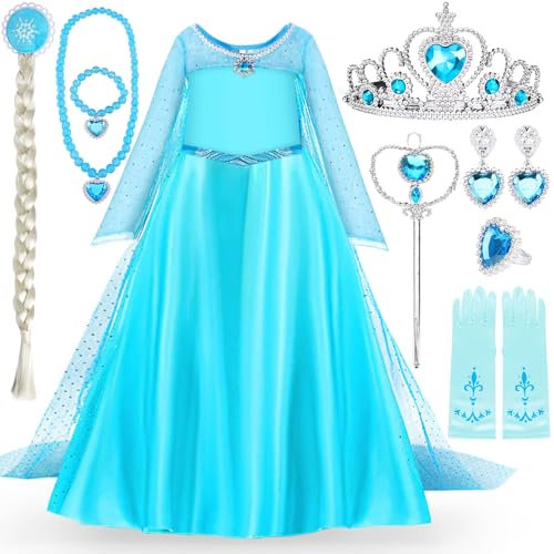 MULEVIP Déguisement Princesse Elsa Fille Robe, Robe Princesse Elsa,Reine des Neiges Deguisement avec Accessoires de Baguette Magique, Enfant pour Enfant Cosplay Noël costume Carnaval(130)